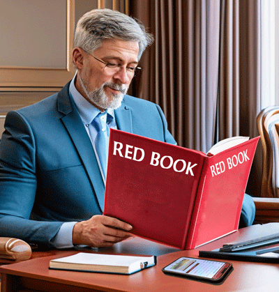 Funeral professional using The RED BOOK directory at his desk